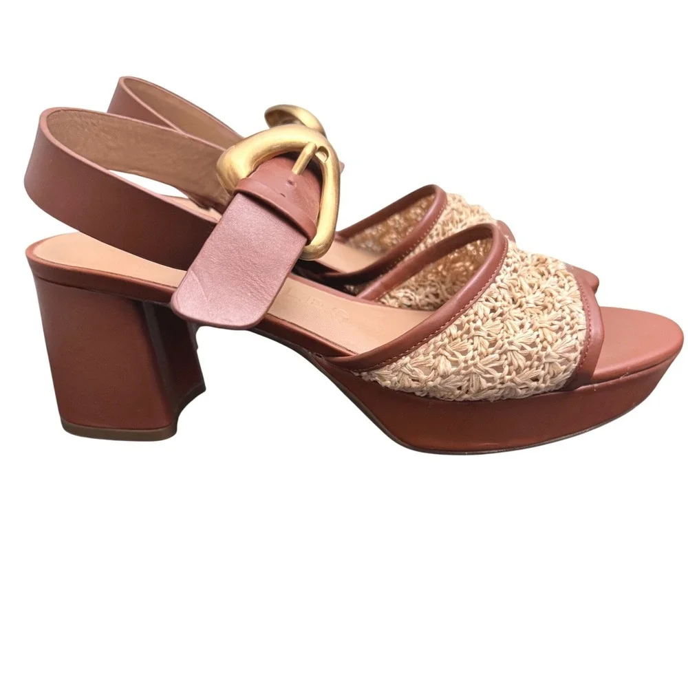 Aerosoles Chamber Raffia Platform Block Heel Sandals Natural Cognac Women's 10.5